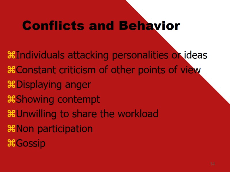 14 Conflicts and Behavior Individuals attacking personalities or ideas Constant criticism of other points